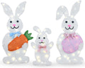 Outdoor Lighted Easter Bunny Yard Decorations, Metal Bunny Family Set of 3, Plug-in Pre-Lit LEDs for Lawn