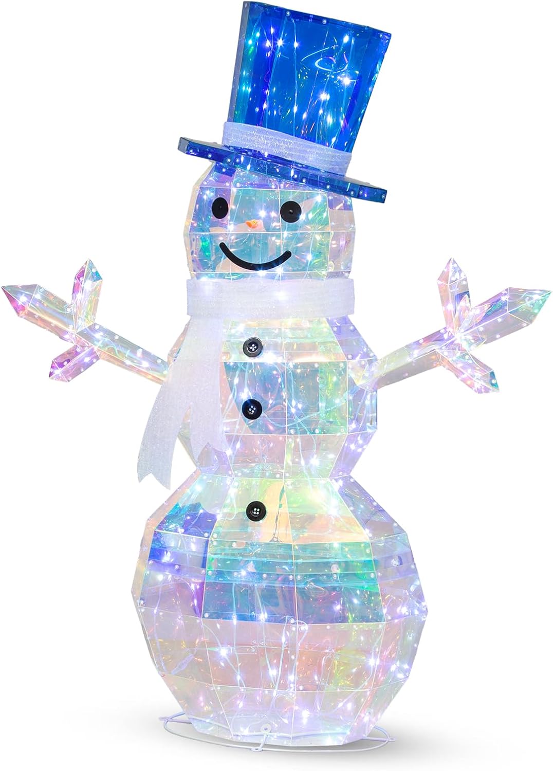 Arborvigro 4 FT Iridescent Prismatic Lighted Snowman, 2.5D Outdoor Christmas Snowman Decoration with 100 Cool