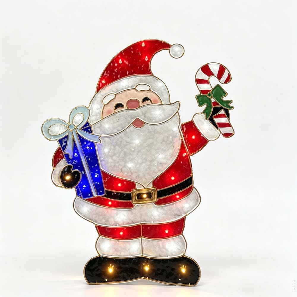 Lighted Santa Claus Christmas Decoration with Candy Cane / LED Light Up, Indoor/Outdoor Decor, Festive