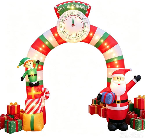 10FT Christmas Inflatable Arch with LED Lights, Candy Stripe Design, Countdown Clock, Santa, Elf & Gift