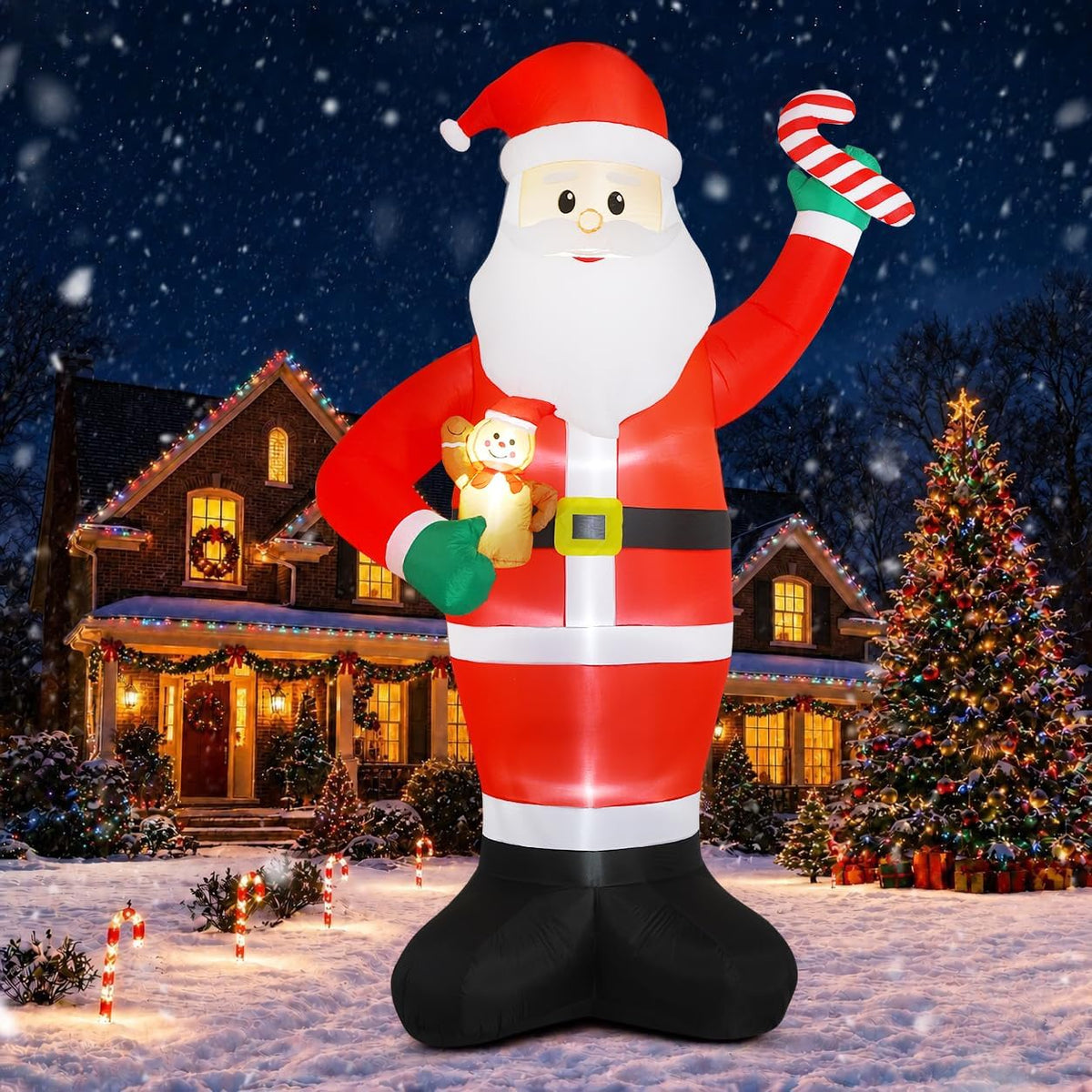 Elegear 12FT Christmas Inflatable Santa Outdoor Decorations for Yard Lawn / Giant Santa with Gingerbread,