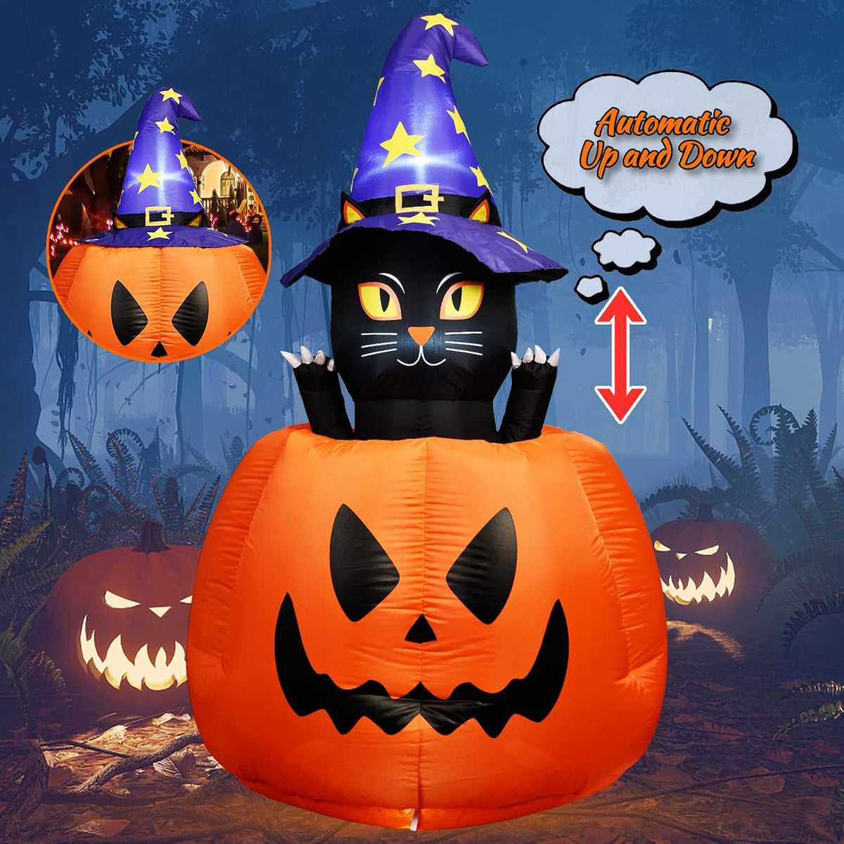 5.3 FT Halloween Inflatable Animated Witch Cat in Pumpkin, Blow Up Yard Decorations with Build-in LEDs
