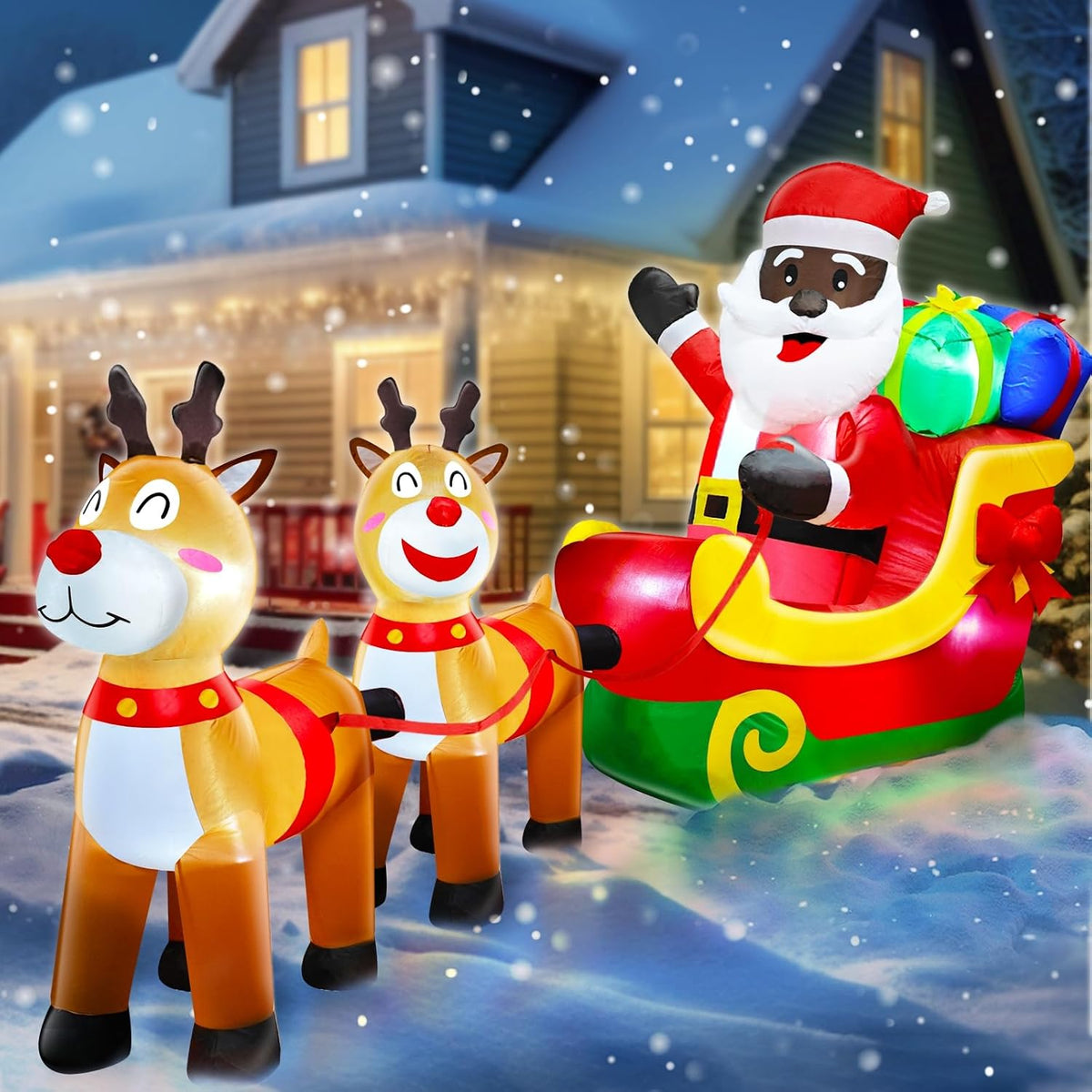 8 Ft Long Christmas Inflatables Black Santa Claus On Sleigh with Reindeer / Christmas Blow up with Gift