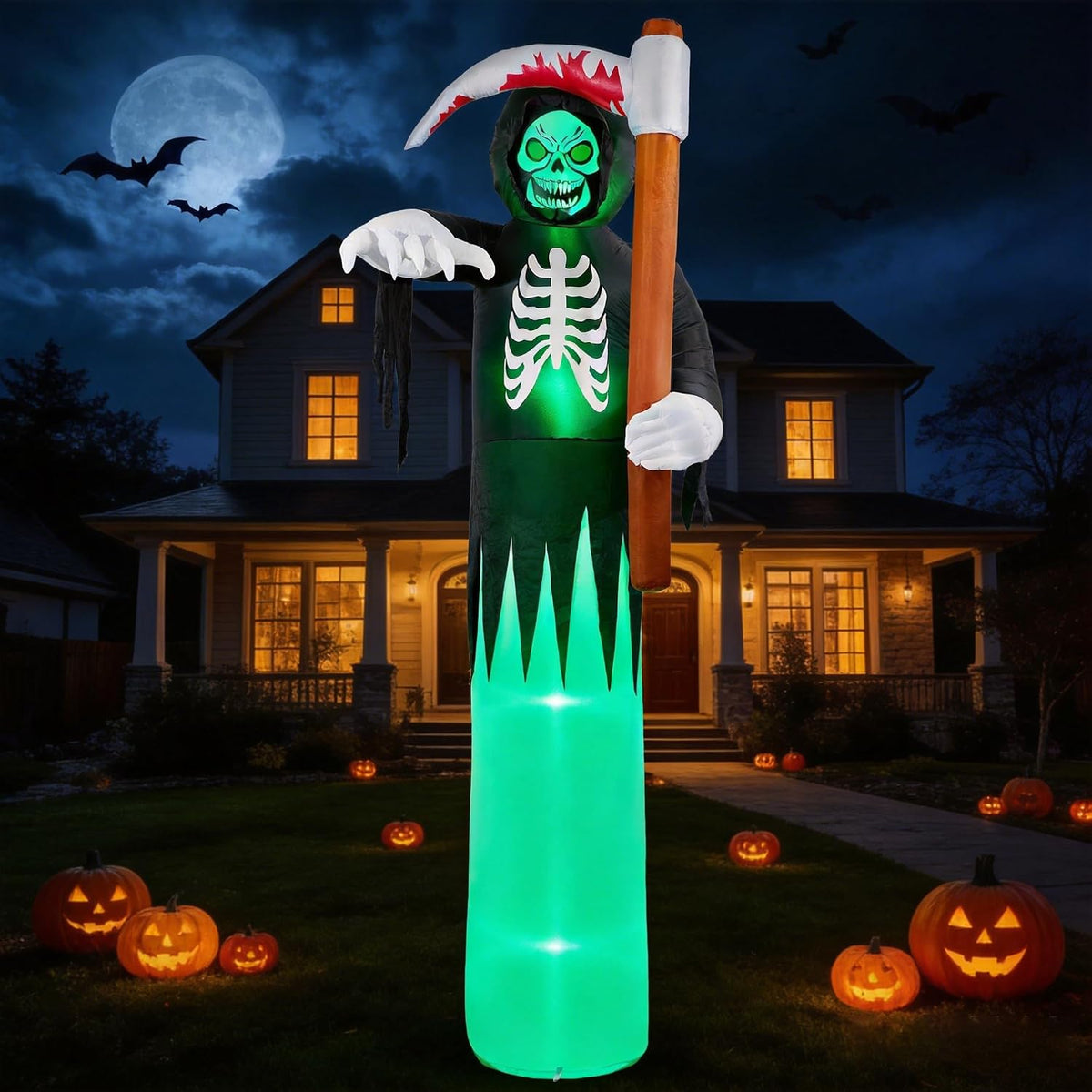 12‑FT Giant Halloween Inflatable Grim Reaper with Scythe for Yard Decor / Built‑in Green LED Lights, Hallow
