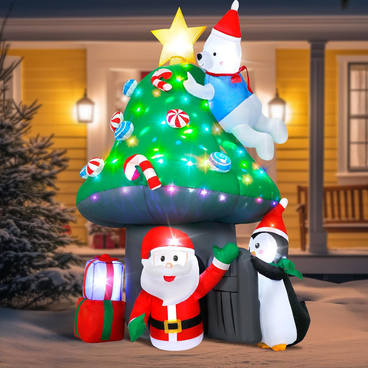 Christmas Inflatable Outdoor Decoration, 7FT Blow Up Mushroom House with Santa, Polar Bear & Penguin,