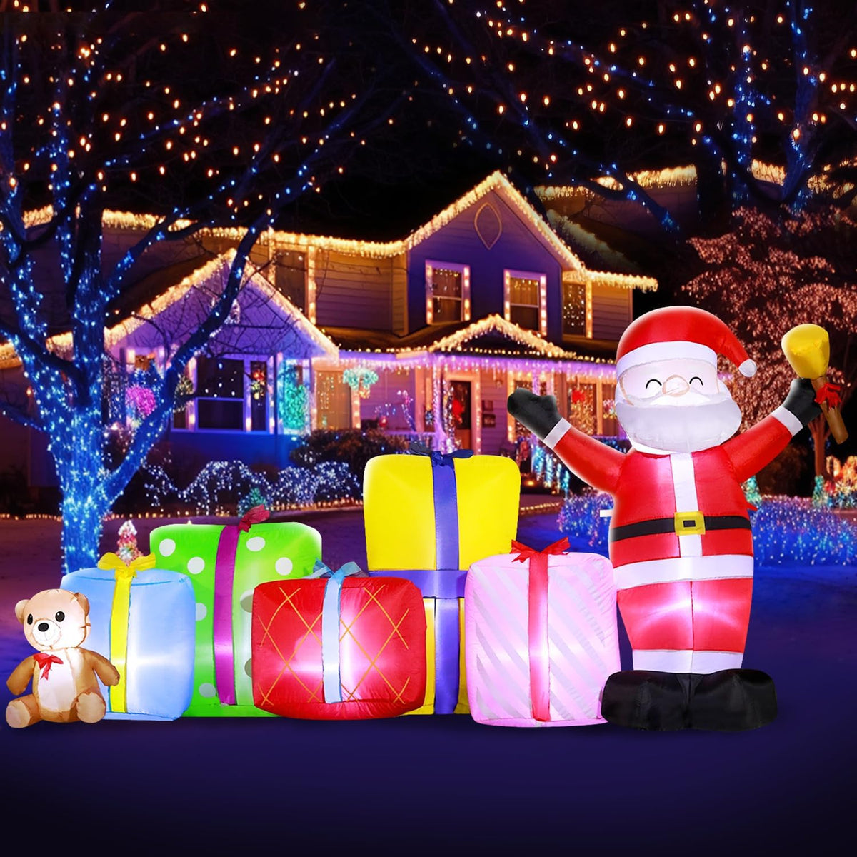 DomKom 8FT Christmas Inflatables Outdoor Decoration, Blow up Gift Boxes Santa Claus Build-in LED Lights for