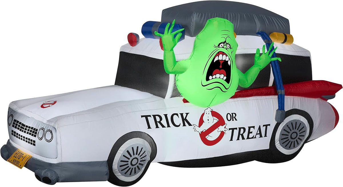 7' Gemmy Airblown Ghostbuster's Ecto-1 Mobile w/Slimer Yard Decoration 552108, Green, White, Red, Blue,