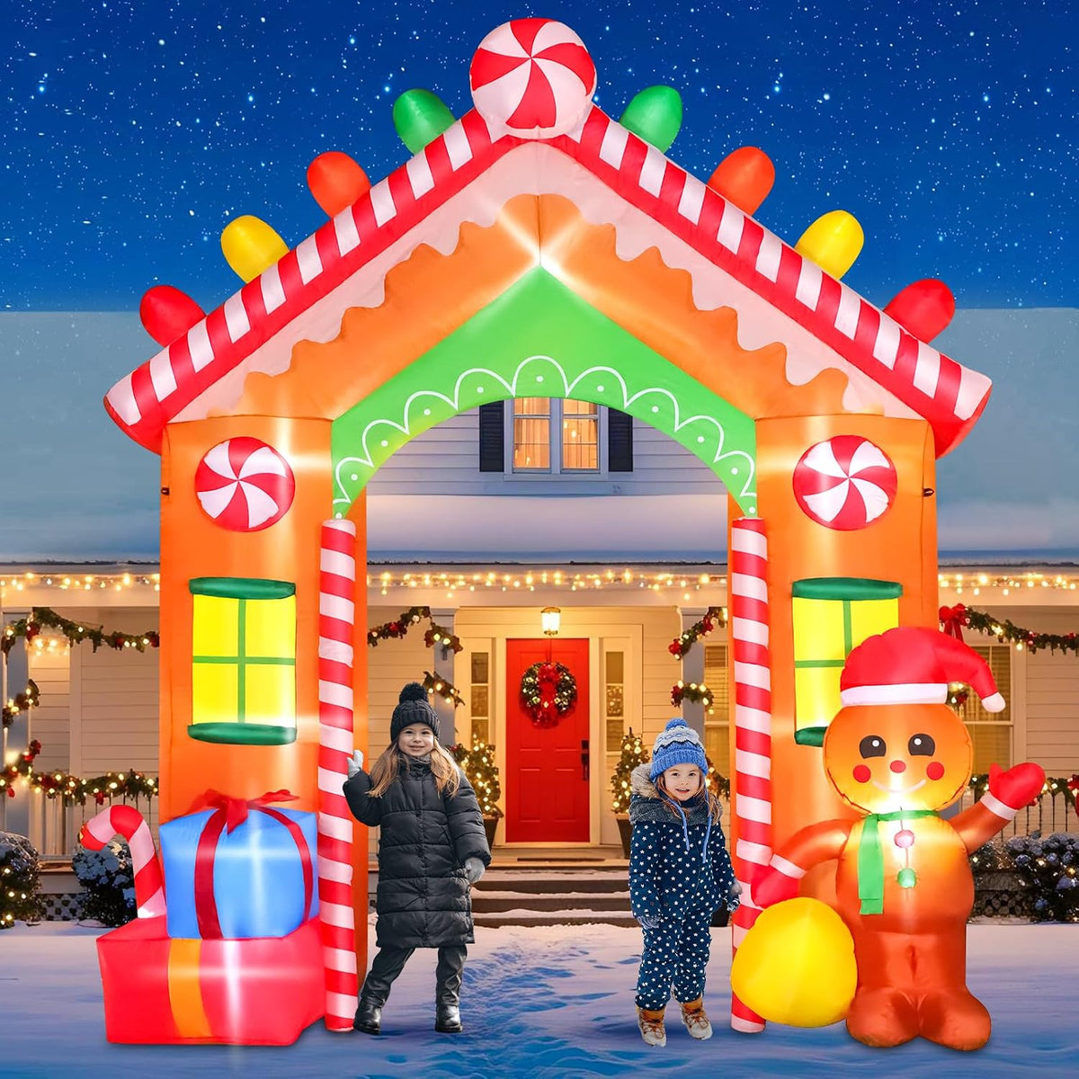 9FT Christmas Inflatable Archway Outdoor Decorations, Blow Up Gingerbread House Arch Yard Decoration with