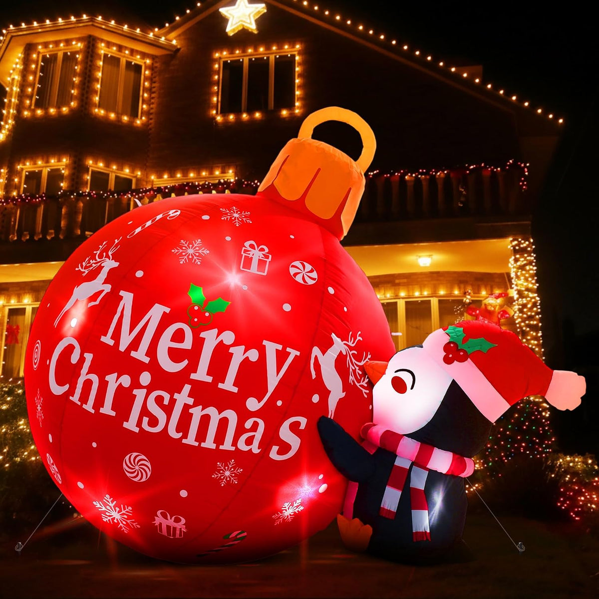 Vinsot 6.6 ft Giant Christmas Inflatable Penguin and Ball Outdoor Decoration LED Lighted Blow up Christmas