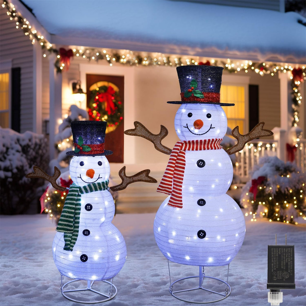 Juegoal Set of 2 Lighted Christmas Snowman Decorations, 3.5+2.3FT Outdoor Collapsible White Snowmen with LED