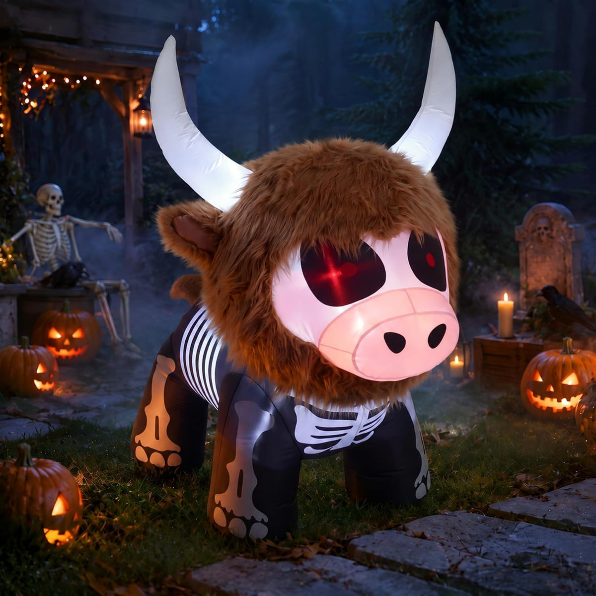 ZeahVeyora 5ft Highland Cow Halloween Inflatable Outdoor Skeleton Blow up / Light up Highland Cow Yard Deco
