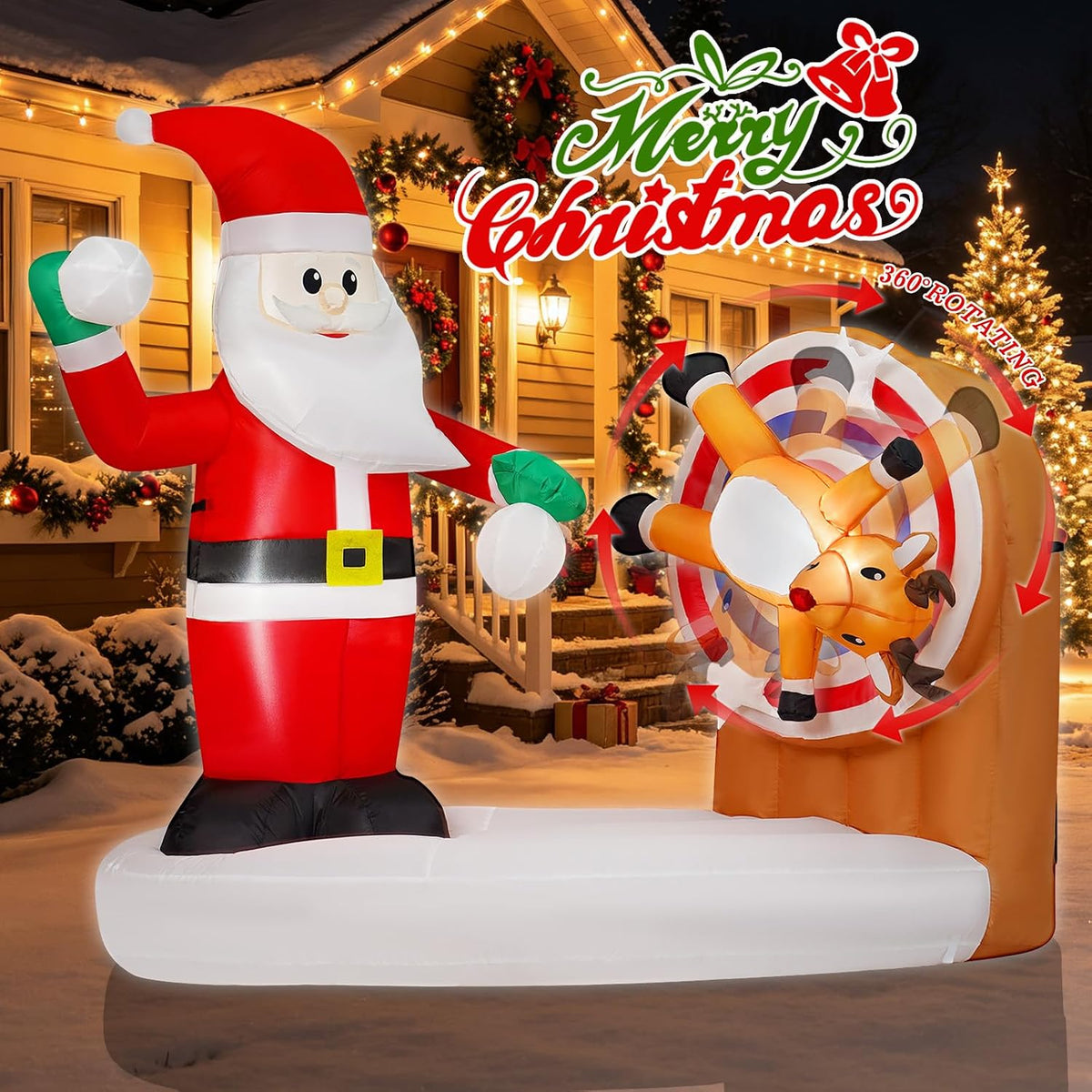 6FT Christmas Inflatable Santa Decorations with Spinning Reindeer Target Disc, 360° Rotating Holiday Yard