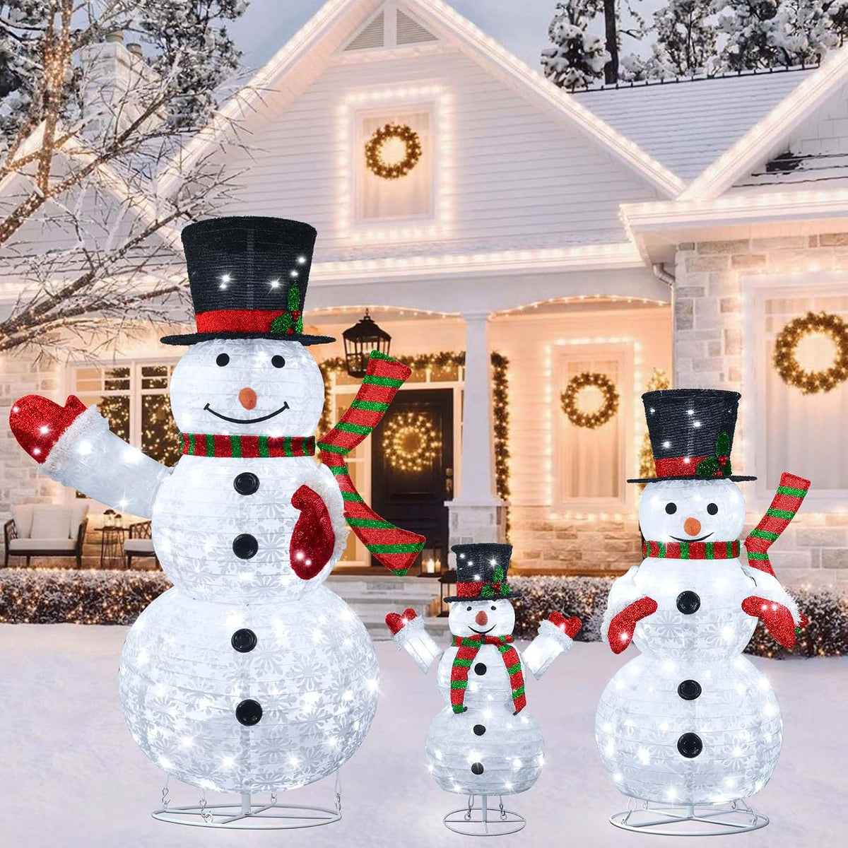 kemooie 3 Pcs 3D Lighted Christmas Snowman Decorations, 4FT+3FT+2FT Collapsible Snowman Outdoor Decorations