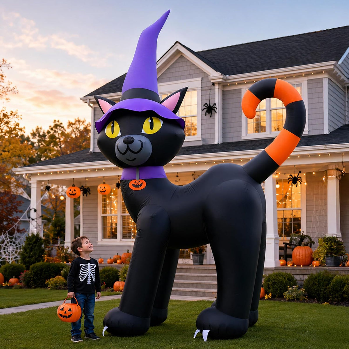 14FT Halloween Inflatable Black Cat with Witch Hat & Pumpkin Decor / Giant yard centerpiece, Bright LED glow,