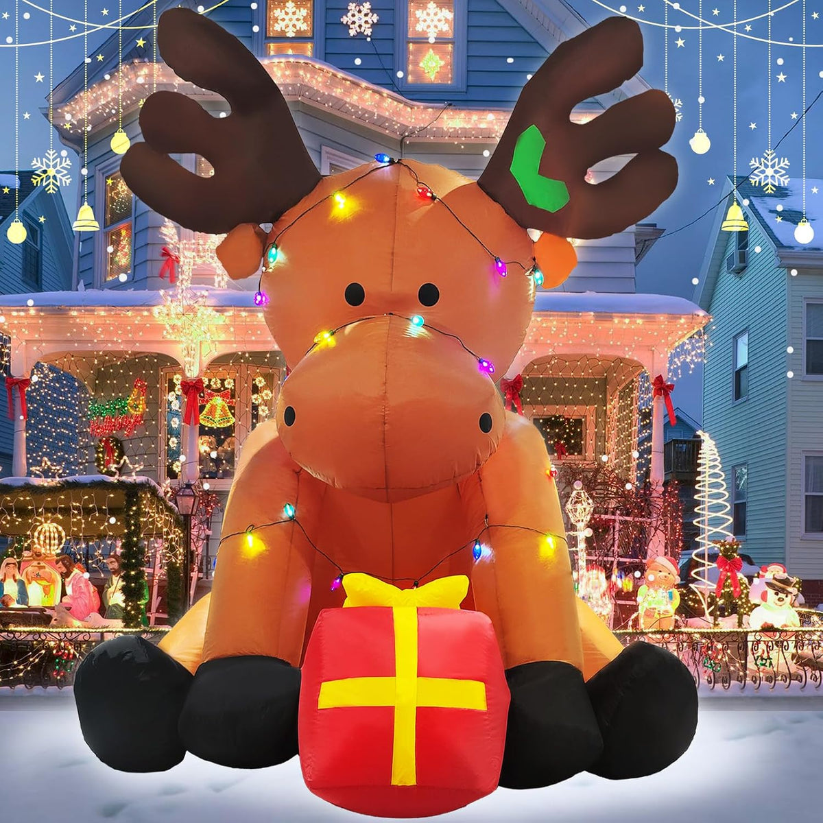 8 FT Christmas Inflatable Outdoor Decorations, Giant String Lights Reindeer Blow up Yard Decor with Red Gift