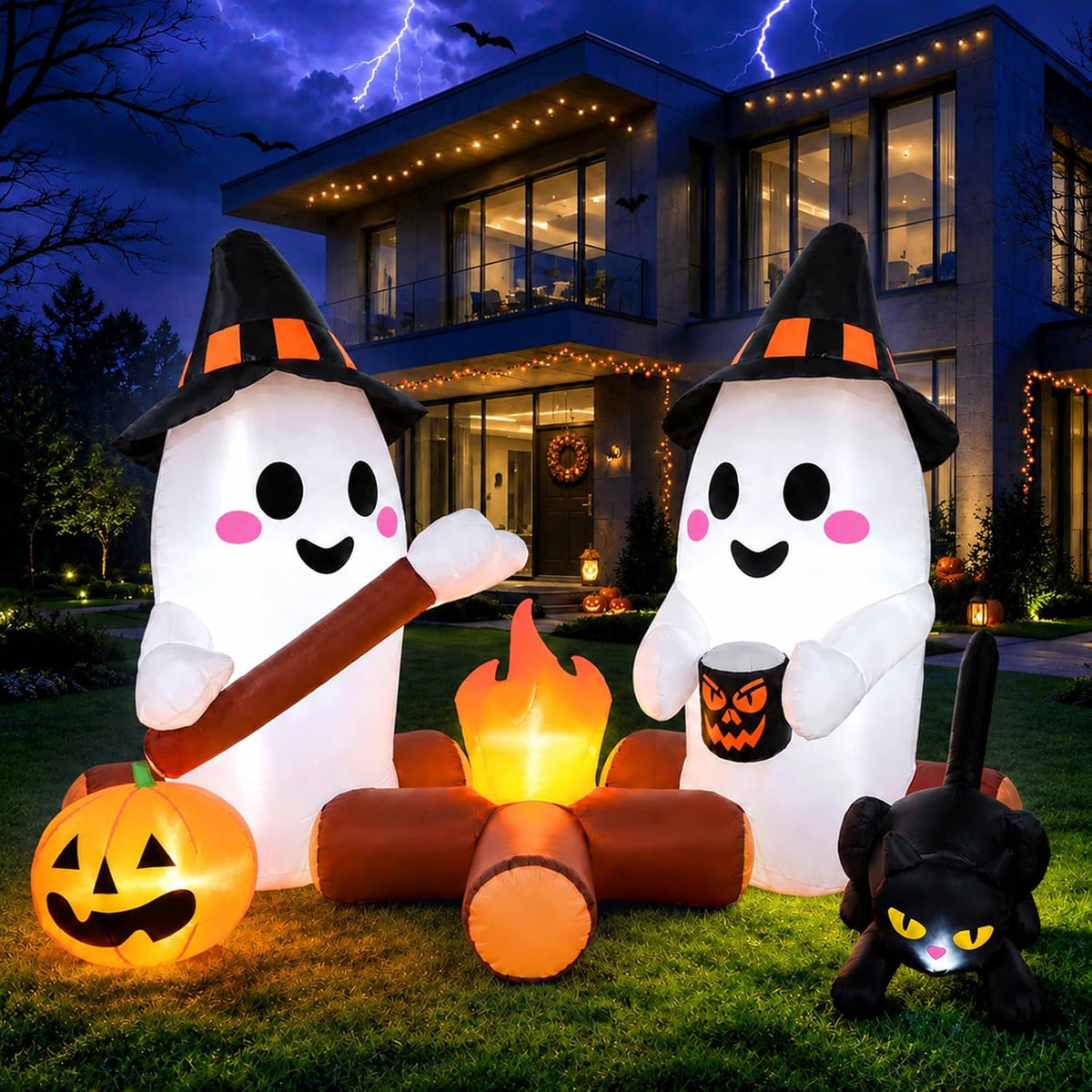Halloween Inflatable Outdoor Decorations, Campfire Ghost Blow Up Yard Decor / 7FT Long Cute Ghost Campfire