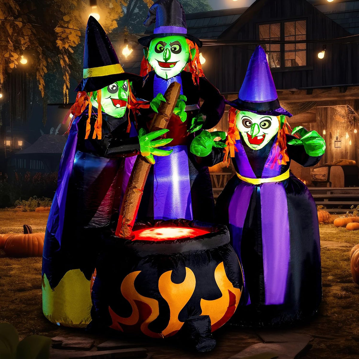 Joiedomi 6 FT Tall Halloween Inflatables Three Witch Around Cauldron with Flame Light Yard Outdoor Decoration