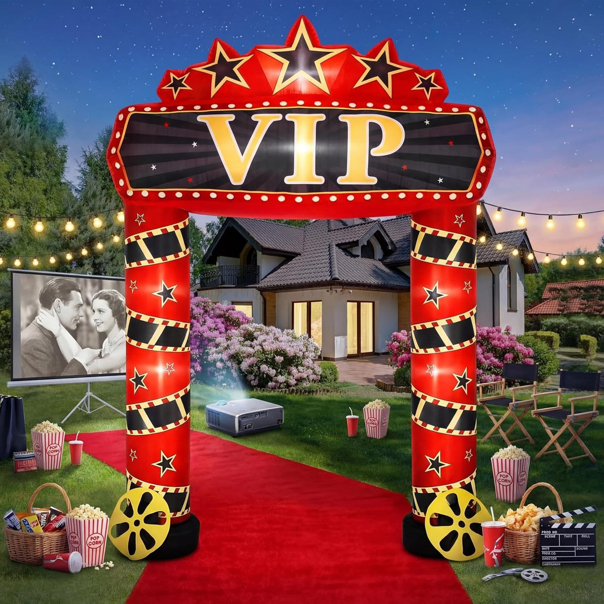 Gilprop 10 ft Movie Night VIP Inflatable Archway with Built-in LED Lights / Black, Red and Gold Entrance