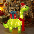 WATERGLIDE Lighted Christmas Green Dinosaur with Gift Box Decorations, 27 Inch Pre-Lit Light Up 3D
