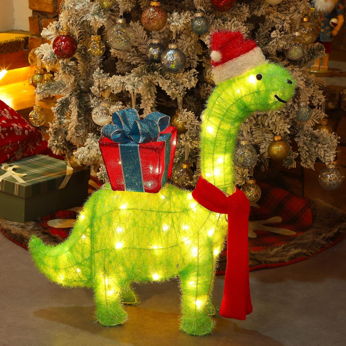 WATERGLIDE Lighted Christmas Green Dinosaur with Gift Box Decorations, 27 Inch Pre-Lit Light Up 3D